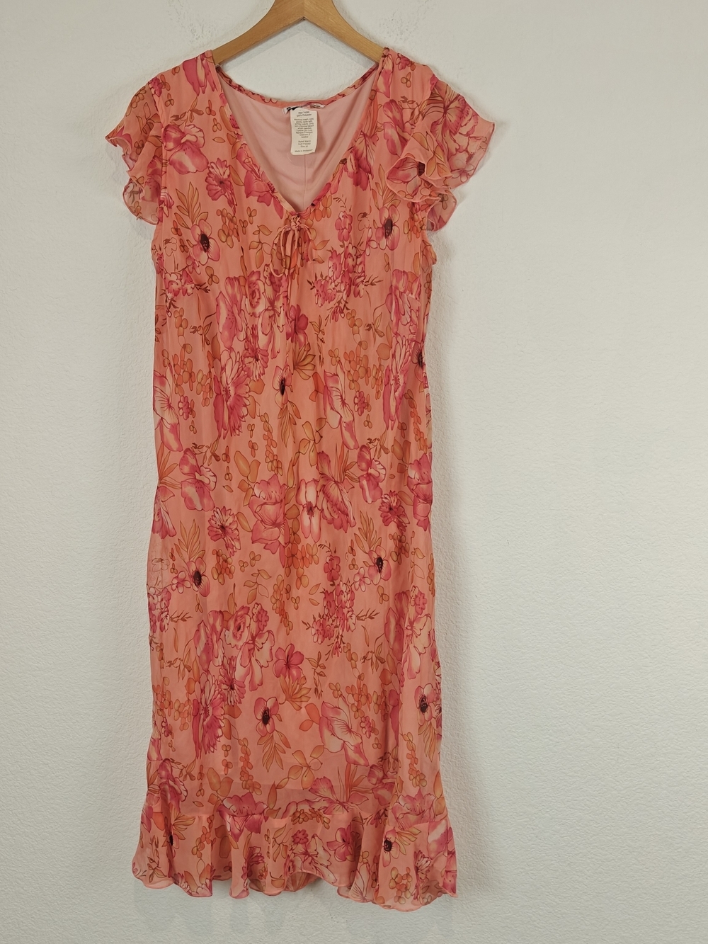 VTG Y2K Coral Pink Floral Chiffon Midi Dress Cottagecore Romantic Ruffle Hem 20